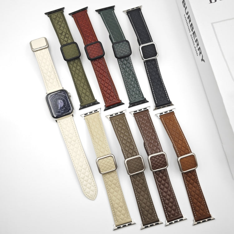 Skorter | For Apple Watch SE 2023 44mm Diamond Pattern Magnetic Square Buckle Leather Strap (Army Green)