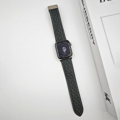 Skorter | For Apple Watch SE 2023 44mm Diamond Pattern Magnetic Folding Closure Leather Watch Band (Dark Green)
