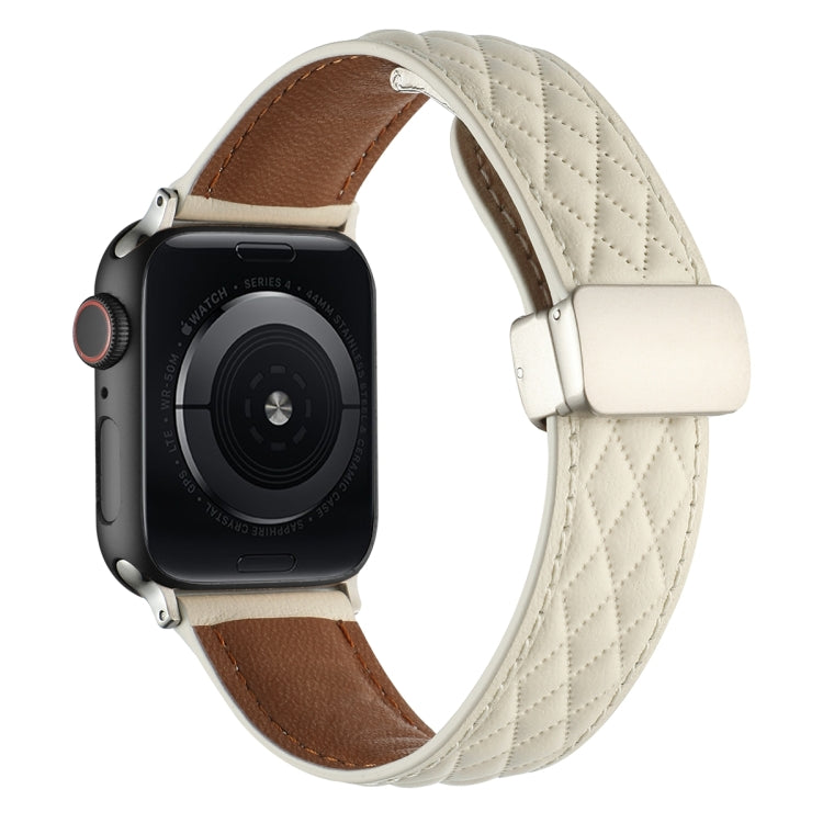 Skorter | For Apple Watch Series 8 45mm Rhombus Pattern Magnetic Fold Clamp Leather Watch Band (Creamy White)