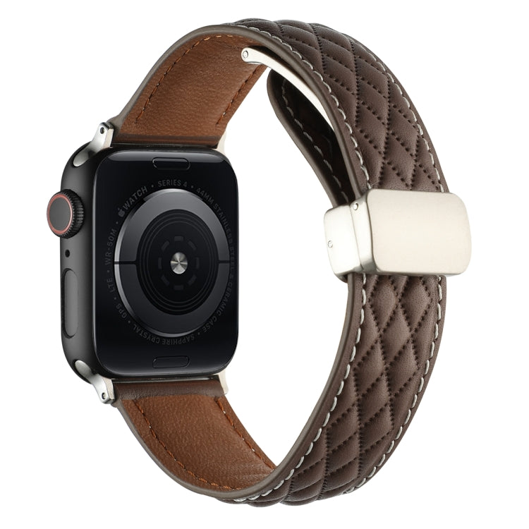 Skorter | For Apple Watch 42mm Rhombus Pattern Magnetic Foldable Buckle Leather Watch Band (Dark Coffee)