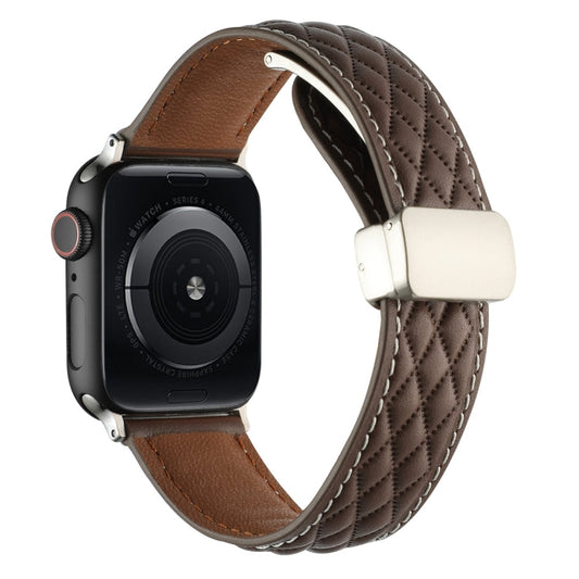 Skorter | For Apple Watch 42mm Rhombus Pattern Magnetic Foldable Buckle Leather Watch Band (Dark Coffee)