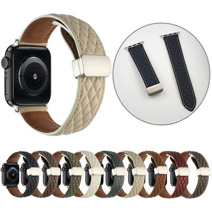 Skorter | For Apple Watch Series 8 45mm Rhombus Pattern Magnetic Fold Clamp Leather Watch Band (Creamy White)