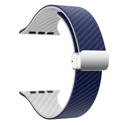 Skorter | For Apple Watch SE 2023 44mm Carbon Fiber Magnetic Silver Buckle Watch Band (Royal Blue White)