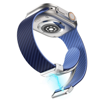 Skorter | For Apple Watch SE 2023 44mm Carbon Fiber Magnetic Silver Buckle Watch Band (Royal Blue Light Blue)