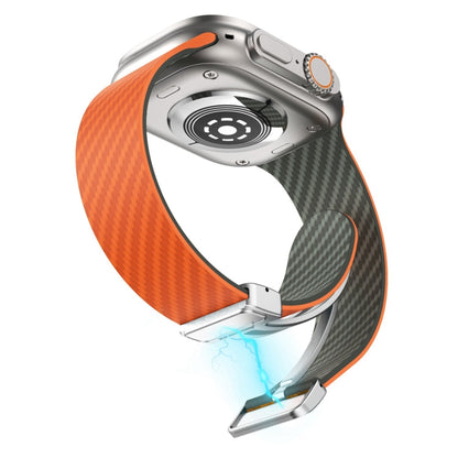 Skorter | For Apple Watch SE 2023 44mm Carbon Fiber Magnetic Silver Buckle Band (Orange Grass)
