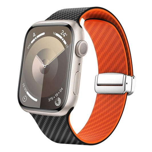 Skorter | For Apple Watch SE 2023 44mm Carbon Fiber Magnetic Silver Buckle Watch Band (Black Orange)