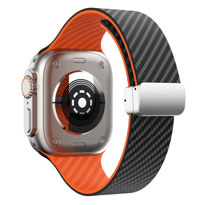 Skorter | For Apple Watch SE 2023 44mm Carbon Fiber Magnetic Silver Buckle Watch Band (Black Orange)
