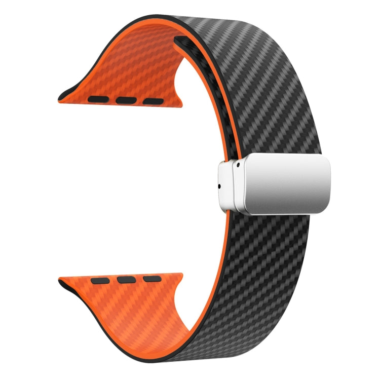 Skorter | For Apple Watch SE 2023 44mm Carbon Fiber Magnetic Silver Buckle Watch Band (Black Orange)