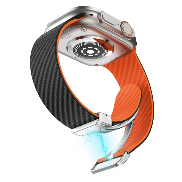 Skorter | For Apple Watch SE 2023 44mm Carbon Fiber Magnetic Silver Buckle Watch Band (Black Orange)