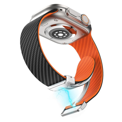 Skorter | For Apple Watch SE 2023 44mm Carbon Fiber Magnetic Silver Buckle Watch Band (Black Orange)