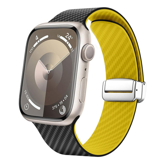 Skorter | For Apple Watch SE 2023 44mm Carbon Fiber Magnetic Silver Buckle Watch Band (Black Yellow)