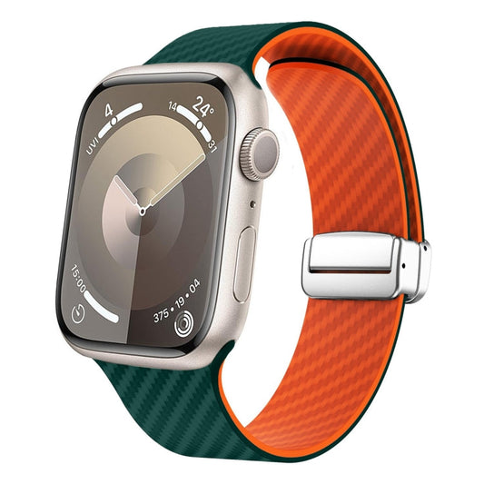 Skorter | For Apple Watch SE 2023 44mm Carbon Fiber Magnetic Silver Buckle Watch Band (Dark Green Orange)