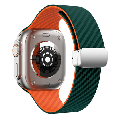 Skorter | For Apple Watch SE 2023 44mm Carbon Fiber Magnetic Silver Buckle Watch Band (Dark Green Orange)
