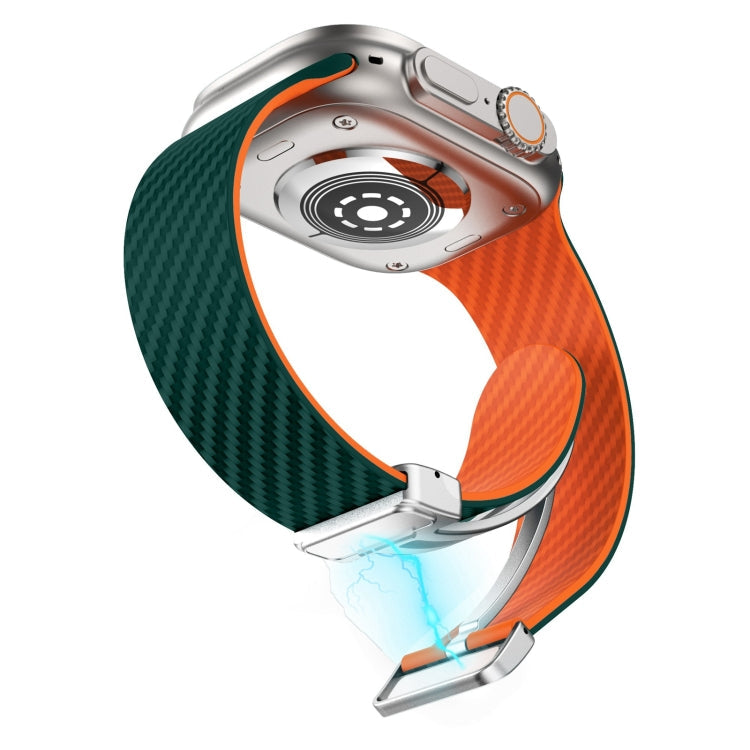 Skorter | For Apple Watch SE 2023 44mm Carbon Fiber Magnetic Silver Buckle Watch Band (Dark Green Orange)