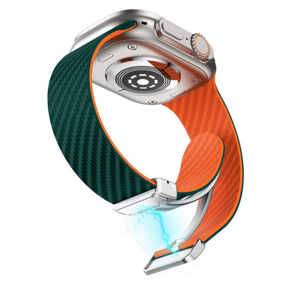 Skorter | For Apple Watch SE 2023 44mm Carbon Fiber Magnetic Silver Buckle Watch Band (Dark Green Orange)