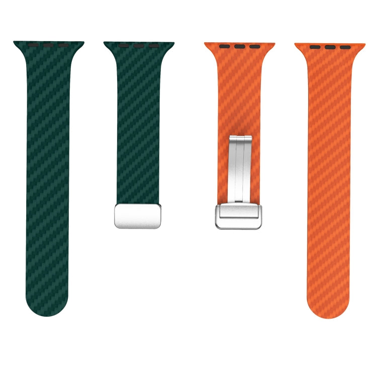 Skorter | For Apple Watch SE 2023 44mm Carbon Fiber Magnetic Silver Buckle Watch Band (Dark Green Orange)