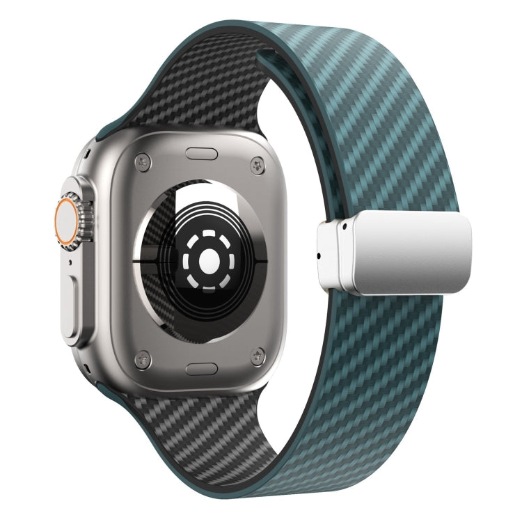 Skorter | For Apple Watch SE 2023 44mm Carbon Fiber Magnetic Silver Buckle Watch Strap (Dark Green Black)