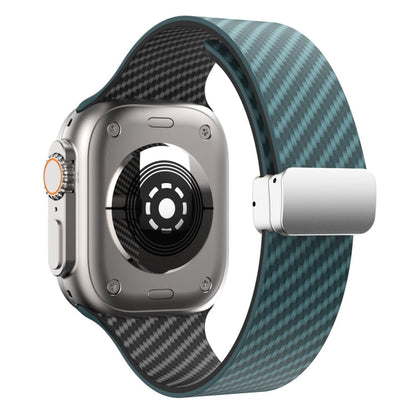 Skorter | For Apple Watch SE 2023 44mm Carbon Fiber Magnetic Silver Buckle Watch Strap (Dark Green Black)
