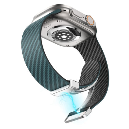 Skorter | For Apple Watch SE 2023 44mm Carbon Fiber Magnetic Silver Buckle Watch Strap (Dark Green Black)