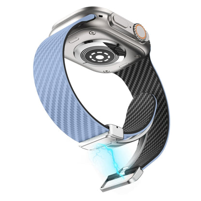 Skorter | For Apple Watch SE 2023 44mm Carbon Fiber Magnetic Silver Buckle Watch Band (Light Blue Black)