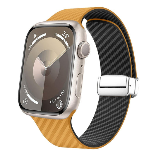 Skorter | For Apple Watch SE 2023 44mm Carbon Fiber Magnetic Silver Buckle Watch Strap (Light Brown Black)