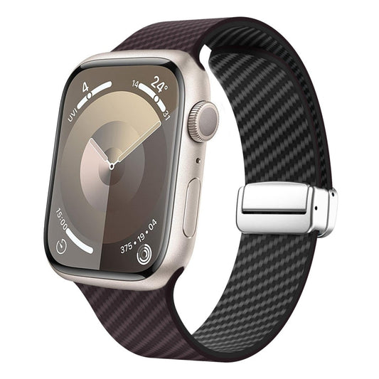 Skorter | For Apple Watch SE 2023 44mm Carbon Fiber Magnetic Silver Buckle Watch Band (Dark Brown Black)