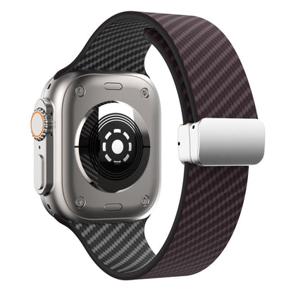 Skorter | For Apple Watch SE 2023 44mm Carbon Fiber Magnetic Silver Buckle Watch Band (Dark Brown Black)