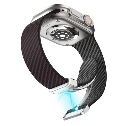 Skorter | For Apple Watch SE 2023 44mm Carbon Fiber Magnetic Silver Buckle Watch Band (Dark Brown Black)