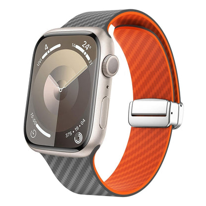 Skorter | For Apple Watch SE 2023 44mm Carbon Fiber Magnetic Silver Buckle Watch Band (Space Grey Orange)