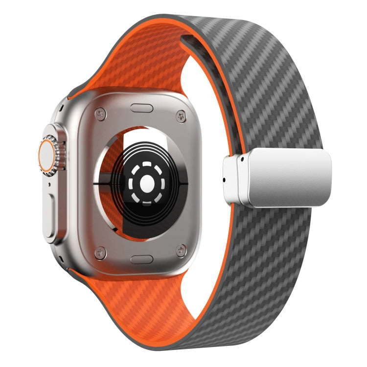 Skorter | For Apple Watch SE 2023 44mm Carbon Fiber Magnetic Silver Buckle Watch Band (Space Grey Orange)
