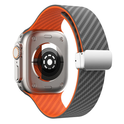 Skorter | For Apple Watch SE 2023 44mm Carbon Fiber Magnetic Silver Buckle Watch Band (Space Grey Orange)