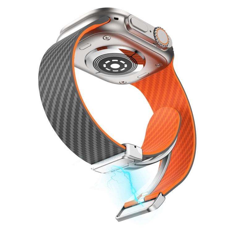 Skorter | For Apple Watch SE 2023 44mm Carbon Fiber Magnetic Silver Buckle Watch Band (Space Grey Orange)