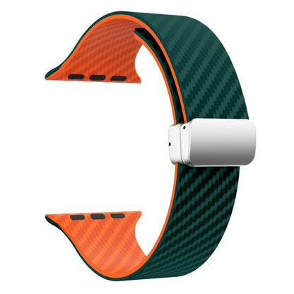 Skorter | For Apple Watch 42mm Carbon Fiber Magnetic Silver Buckle Watch Band (Dark Green Orange)