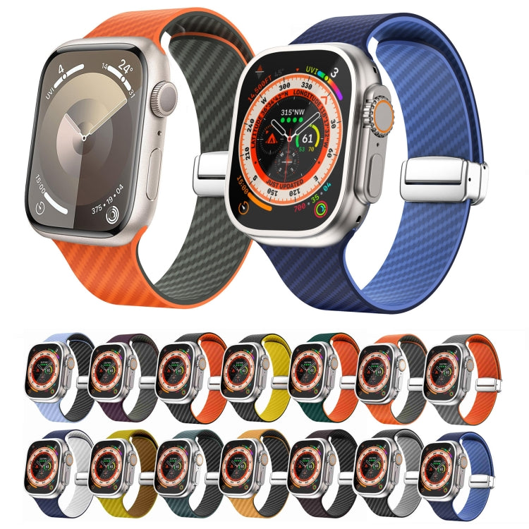 Skorter | For Apple Watch SE 2022 44mm Carbon Fiber Magnetic Silver Buckle Strap (Orange Grass)