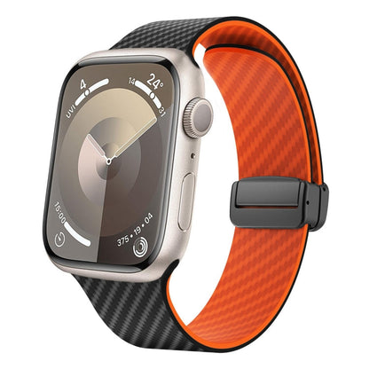 Skorter | For Apple Watch SE 2023 44mm Carbon Fiber Magnet Black Buckle Watch Band (Black Orange)