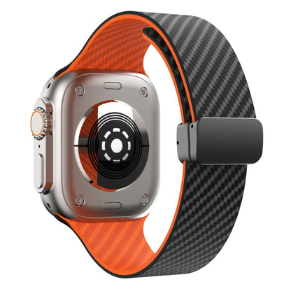 Skorter | For Apple Watch SE 2023 44mm Carbon Fiber Magnet Black Buckle Watch Band (Black Orange)