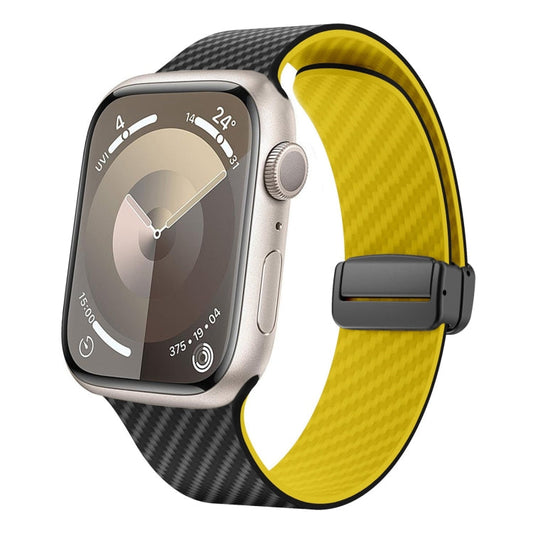 Skorter | For Apple Watch SE 2023 44mm Carbon Fiber Magnetic Black Buckle Watch Strap (Black Yellow)