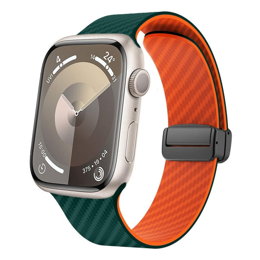 Skorter | For Apple Watch SE 2023 44mm Carbon Fiber Magnetic Black Buckle Watch Band (Dark Green Orange)