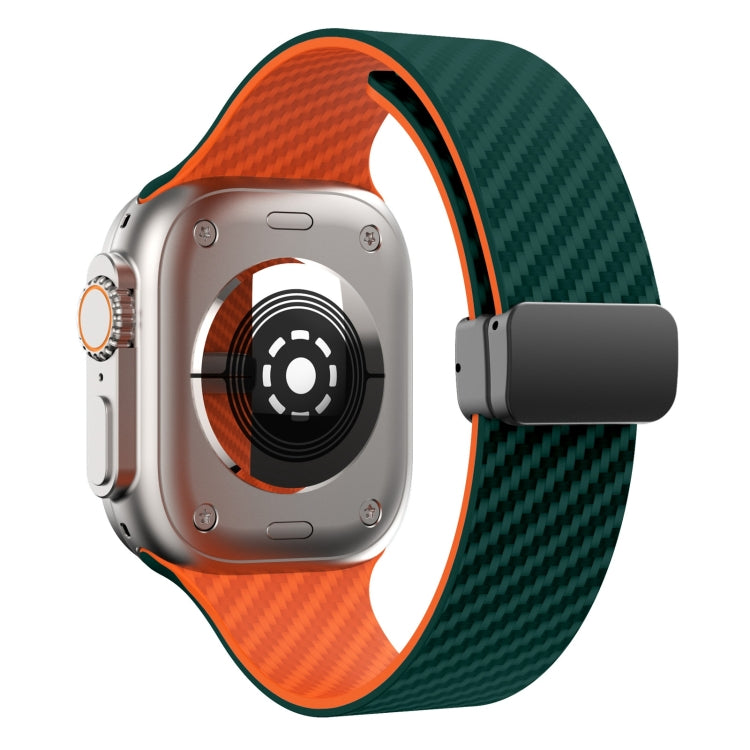 Skorter | For Apple Watch SE 2023 44mm Carbon Fiber Magnetic Black Buckle Watch Band (Dark Green Orange)