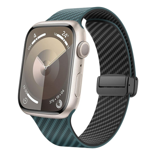 Skorter | For Apple Watch SE 2023 44mm Carbon Fiber Magnetic Black Buckle Watch Band (Dark Green Black)
