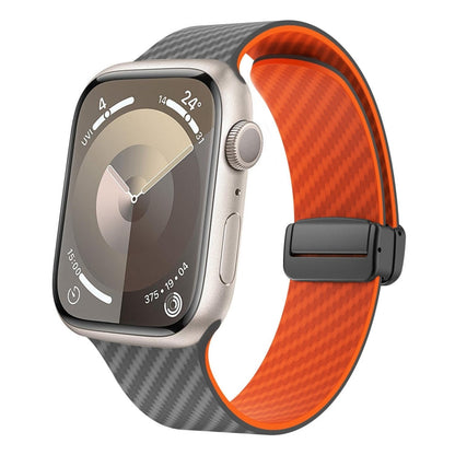 Skorter | For Apple Watch SE 2023 44mm Carbon Fiber Magnetic Black Buckle Watch Strap (Spacy Gray Orange)
