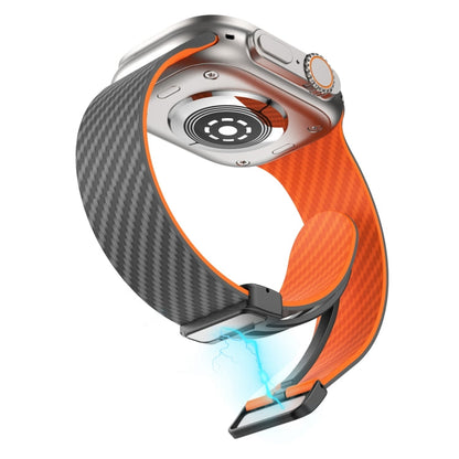 Skorter | For Apple Watch SE 2023 44mm Carbon Fiber Magnetic Black Buckle Watch Strap (Spacy Gray Orange)