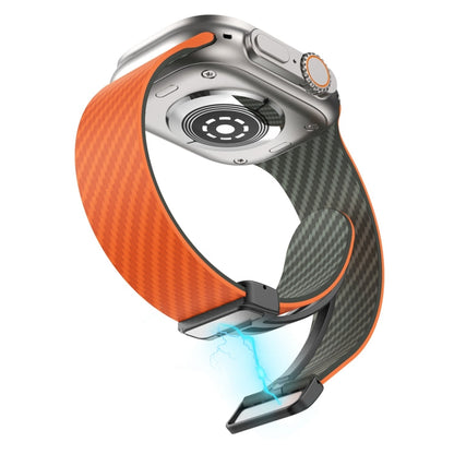 Skorter | For Apple Watch SE 2022 44mm Carbon Fiber Magnetic Black Buckle Watch Band (Orange Grass)