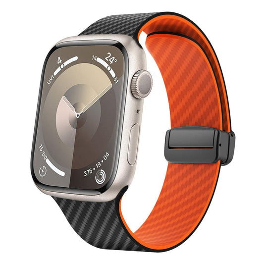 Skorter | For Apple Watch SE 2022 44mm Carbon Fiber Magnetic Black Buckle Watch Band (Black Orange)