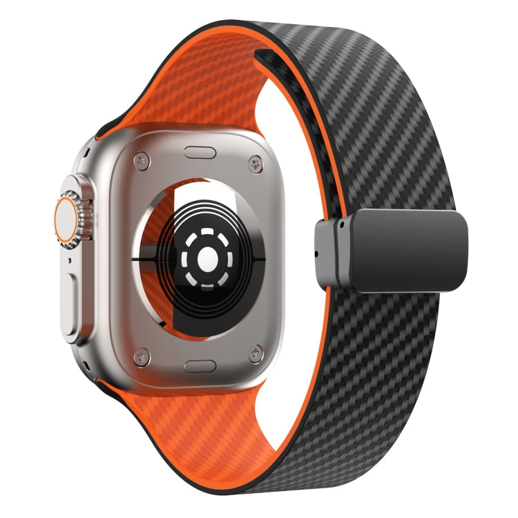 Skorter | For Apple Watch SE 2022 44mm Carbon Fiber Magnetic Black Buckle Watch Band (Black Orange)