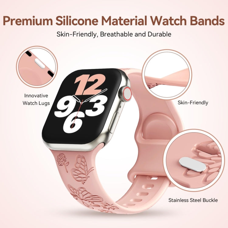 Skorter | For Apple Watch SE 2022 44mm Butterfly Flower Embossed Silicone Watch Band (Retro Rose)