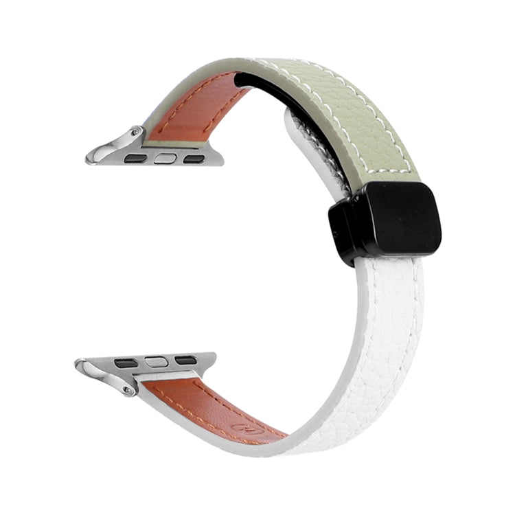 Skorter | For Apple Watch SE 2023 40mm Slim Magnetic Buckle Genuine Leather Strap (Litchi Beige Green)