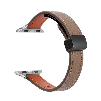 Skorter | For Apple Watch Series 8 41mm Slim Magnetic Closure Genuine Leather Watch Band (Litchi Coffee)