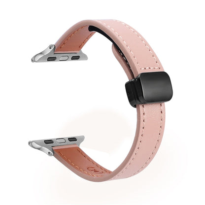 Skorter | For Apple Watch SE 2022 44 mm Slim Magnetic Buckle Genuine Leather Watch Strap (Simple Pink)