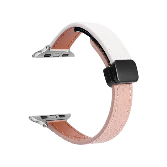 Skorter | For Apple Watch SE 2022 44 mm Slim Magnetic Buckle Genuine Leather Watch Band (Litchi Pink Beige)
